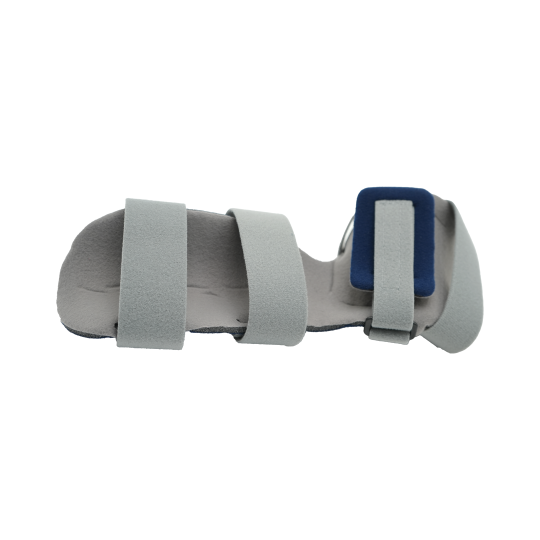 Pediatric resting hand orthosis in light gray with adjustable straps and blue padded wrist support.