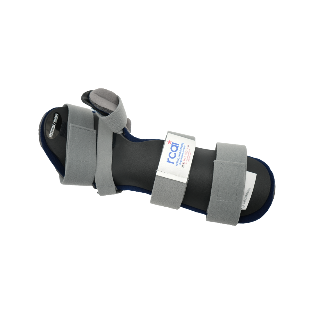 Pediatric resting hand orthosis with black base and gray adjustable straps for support and positioning.