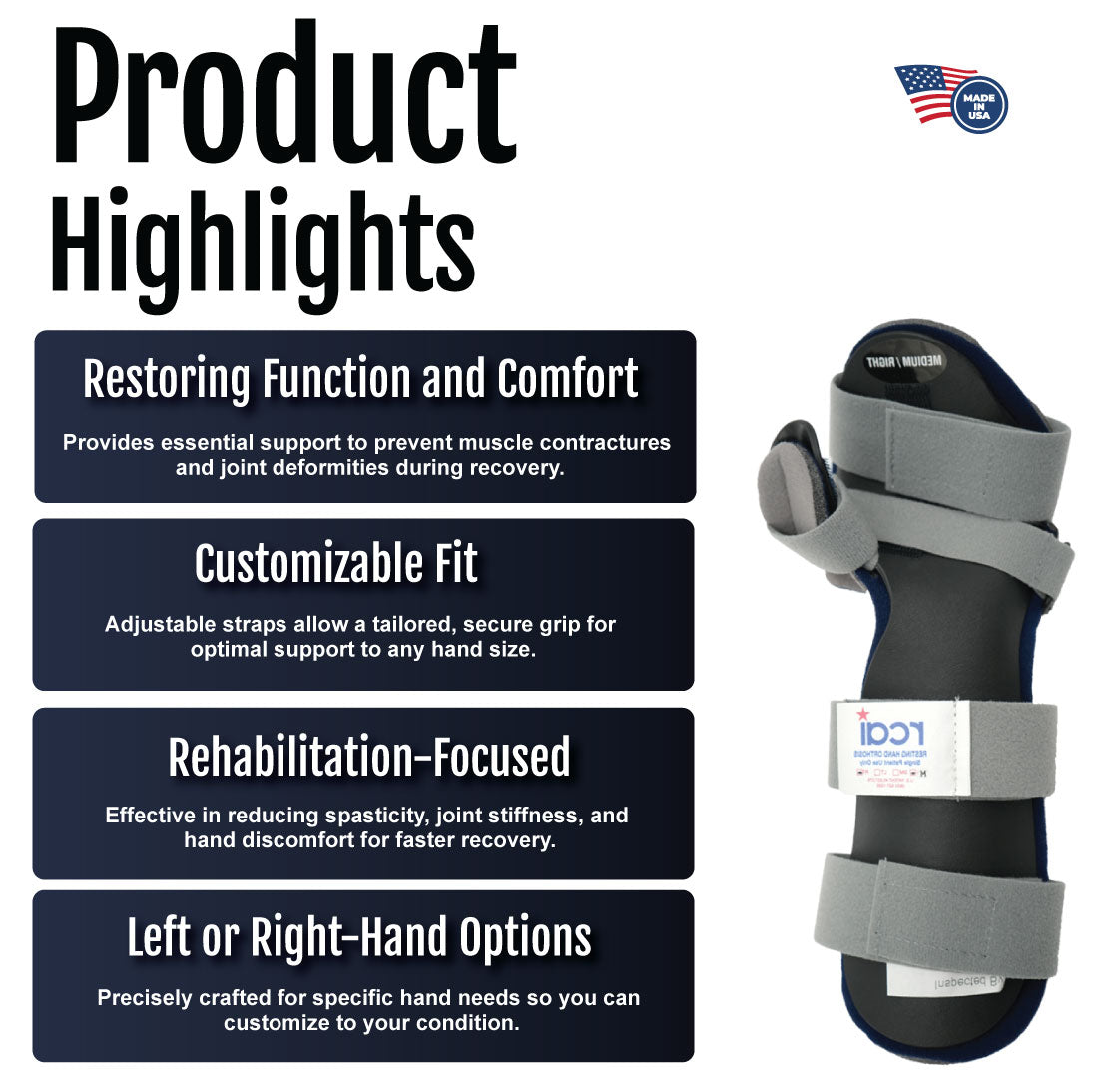 Gray resting hand orthosis with adjustable straps and padded support for wrist and fingers.