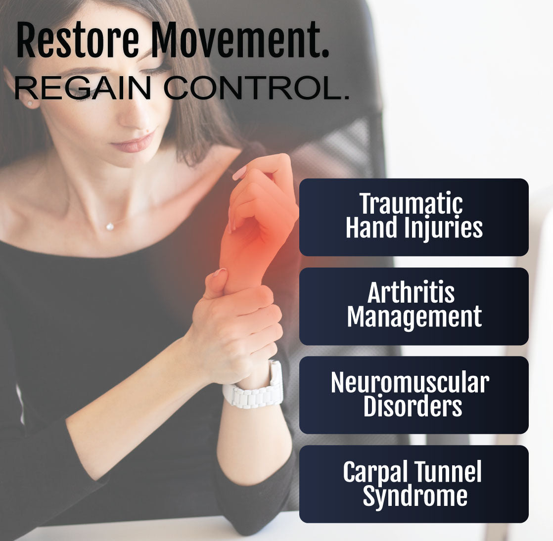 Black adaptable contour hand orthosis worn on right hand, stabilizing thumb and wrist with adjustable straps.