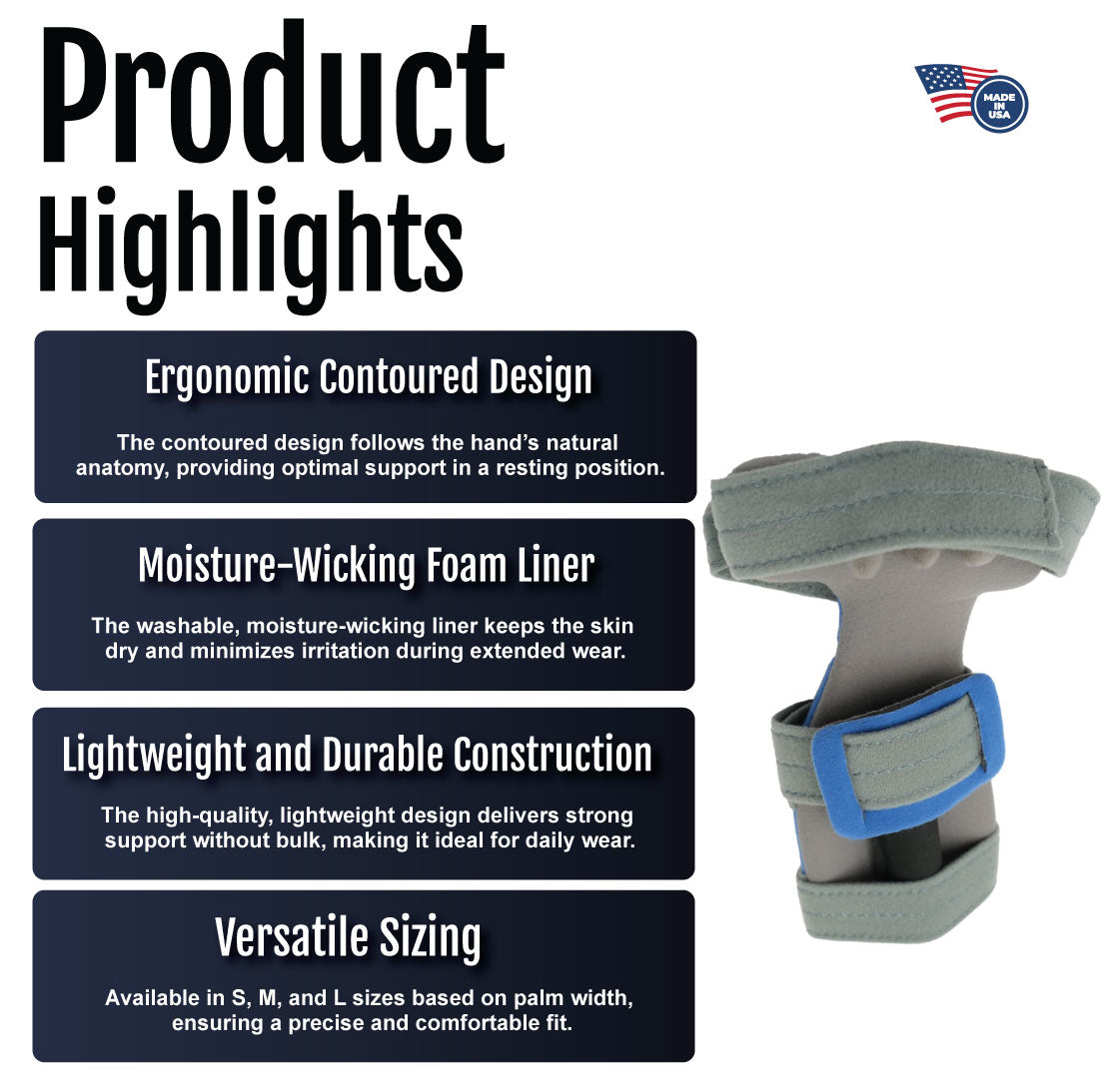 Gray adaptable contour hand orthosis with blue adjustable strap and ergonomic design text highlights.