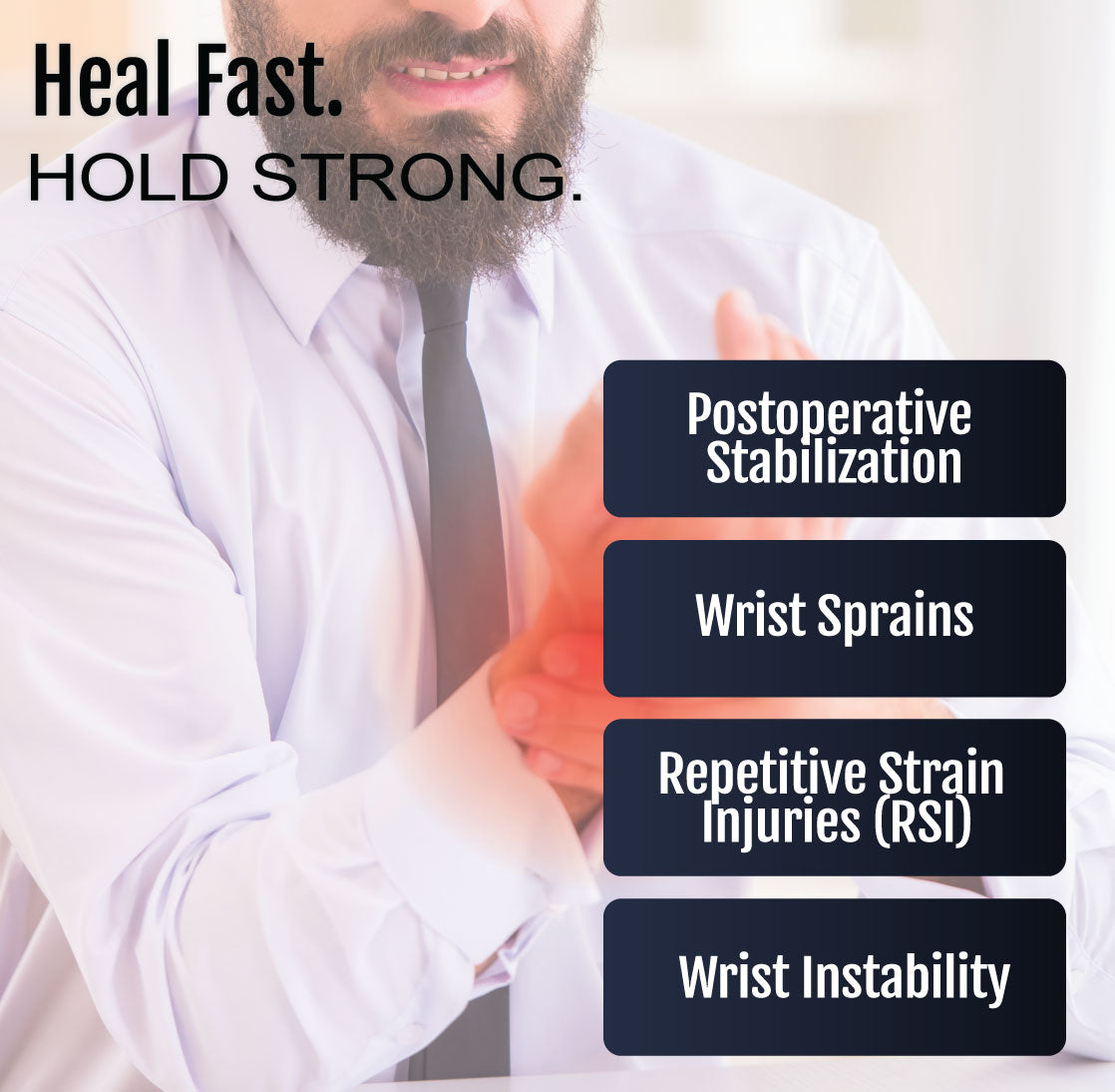 Man wearing gray postoperative contour hand splint on orange shirt sleeve, text listing wrist support uses.