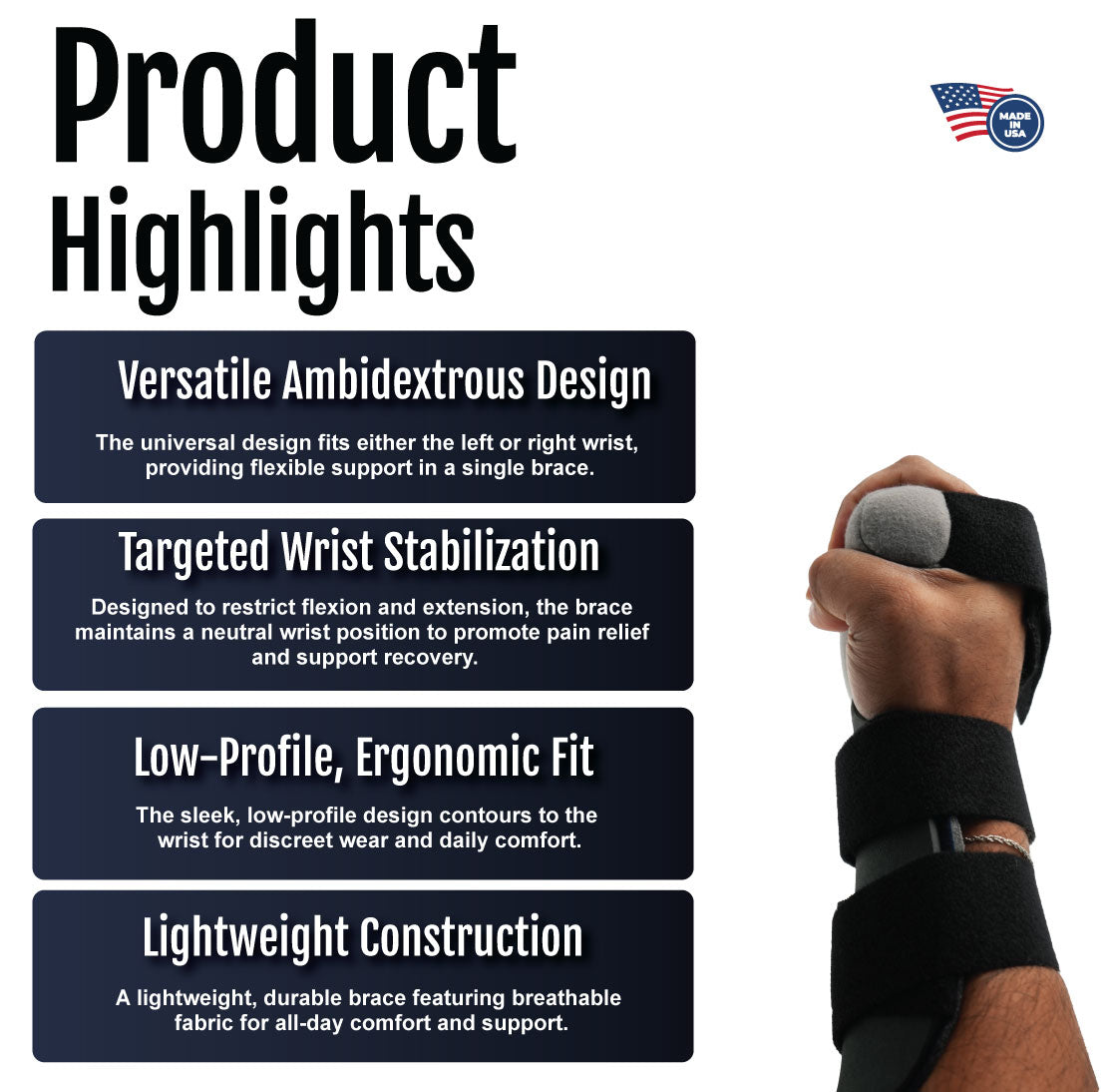 Black wrist brace with low-profile ergonomic design and breathable fabric on a basketball player's wrist.