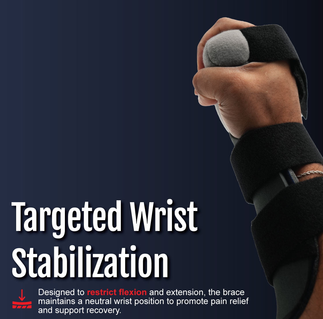 Black contour hand brace with adjustable straps for targeted wrist stabilization.
