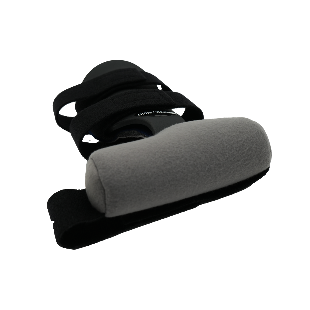Black adjustable strap hand brace with soft gray padded cushion and contoured shape.