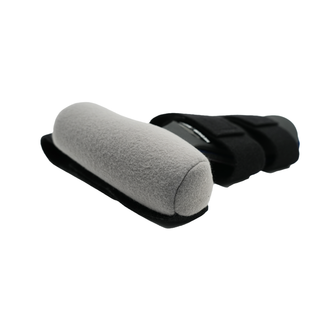 Gray padded contour hand brace with black adjustable straps designed for support and comfort.