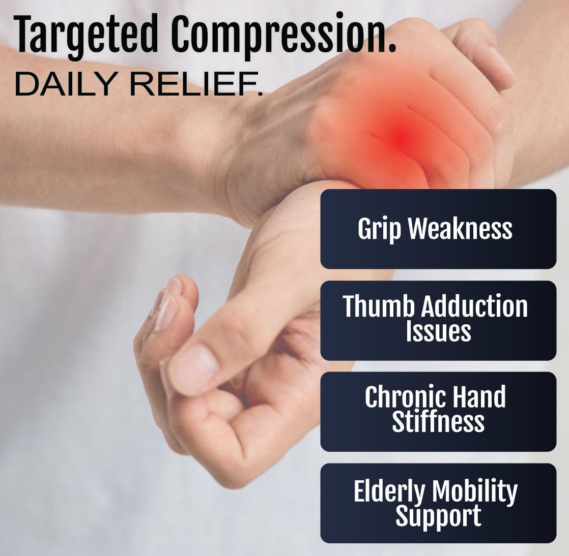 Beige elderly hand wearing adaptive wrist and thumb support brace highlighting compression relief areas.