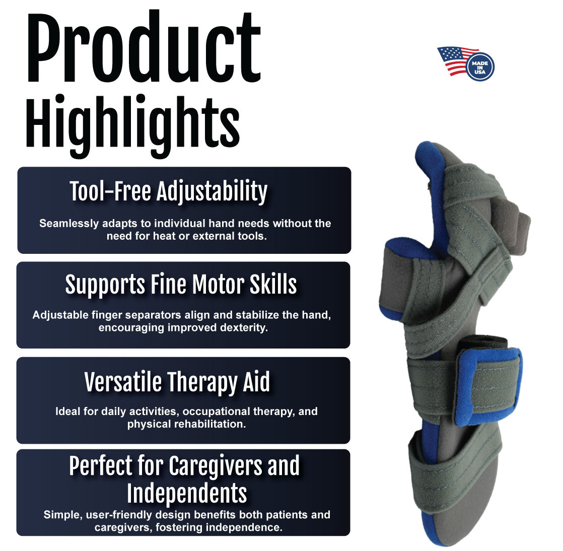 Gray and blue adaptable geriatric hand support with adjustable finger, thumb, and wrist straps.