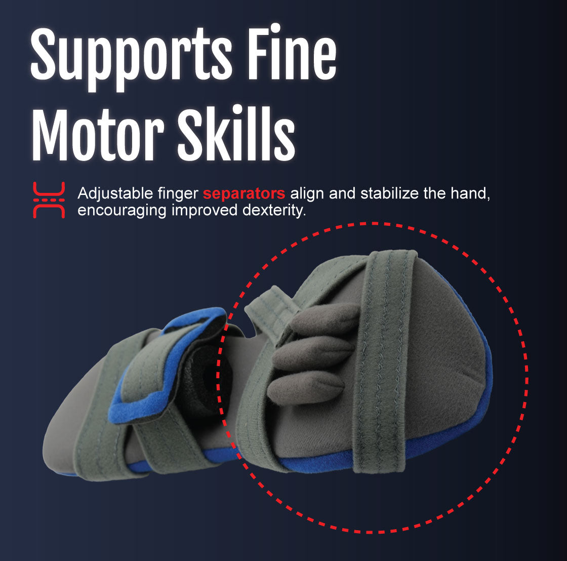 Gray and blue geriatric hand support with adjustable finger separators and wrist strap.