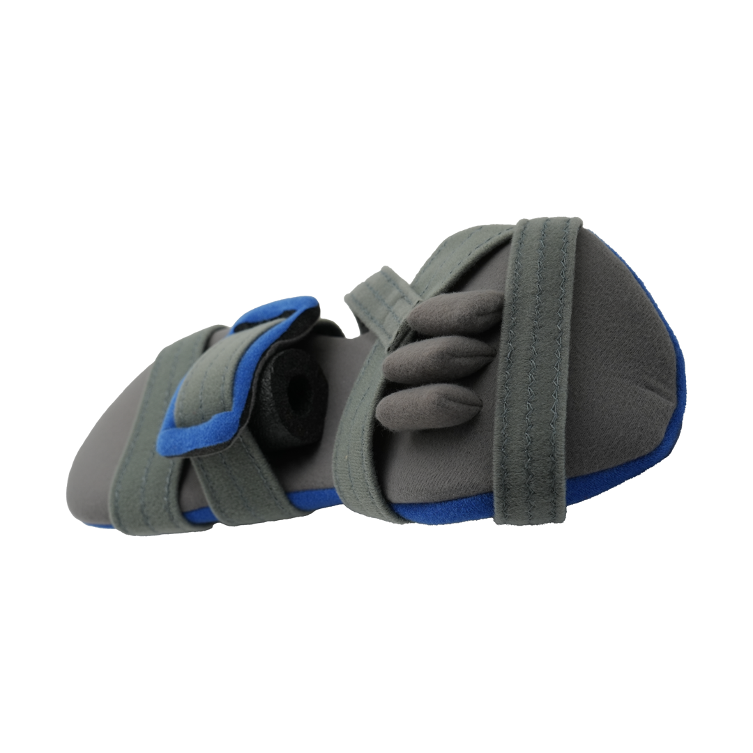 Gray and blue adaptable geriatric hand brace with finger, thumb, and wrist support straps.