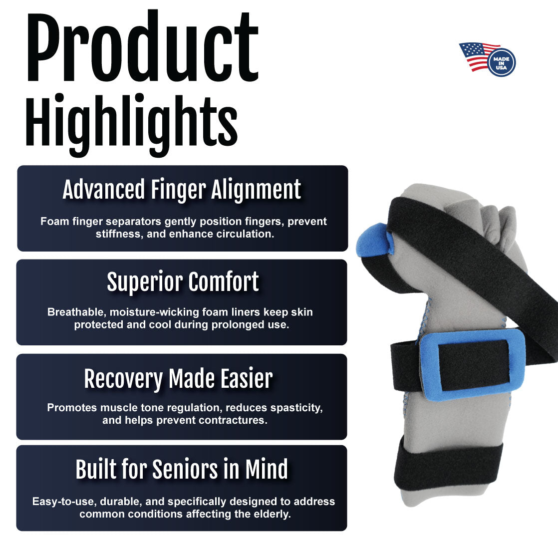 Geriatric hand orthosis in black and gray with blue straps and finger separators on white background with product highlight.