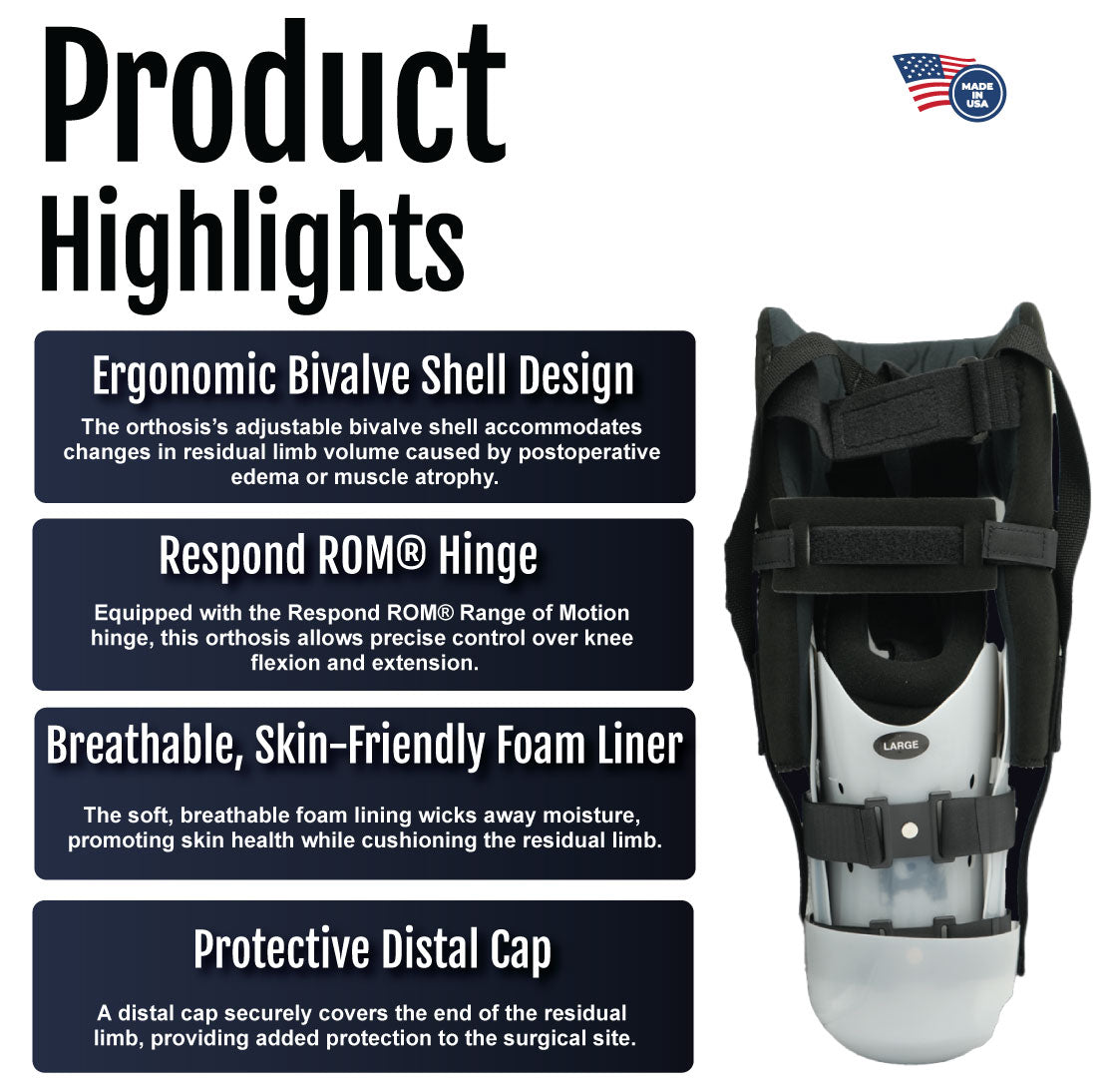Black Respond ROM BKA rigid dressing with adjustable straps and breathable foam liner.