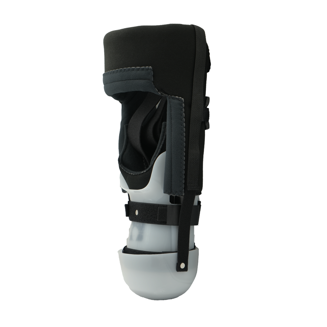 Black and gray rigid knee brace with adjustable straps and a rounded gray footplate.