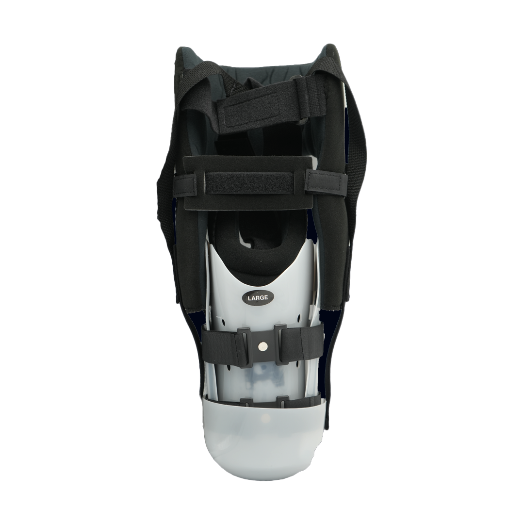 Black and white Respond ROM rigid dressing with adjustable straps for below-knee amputation support.