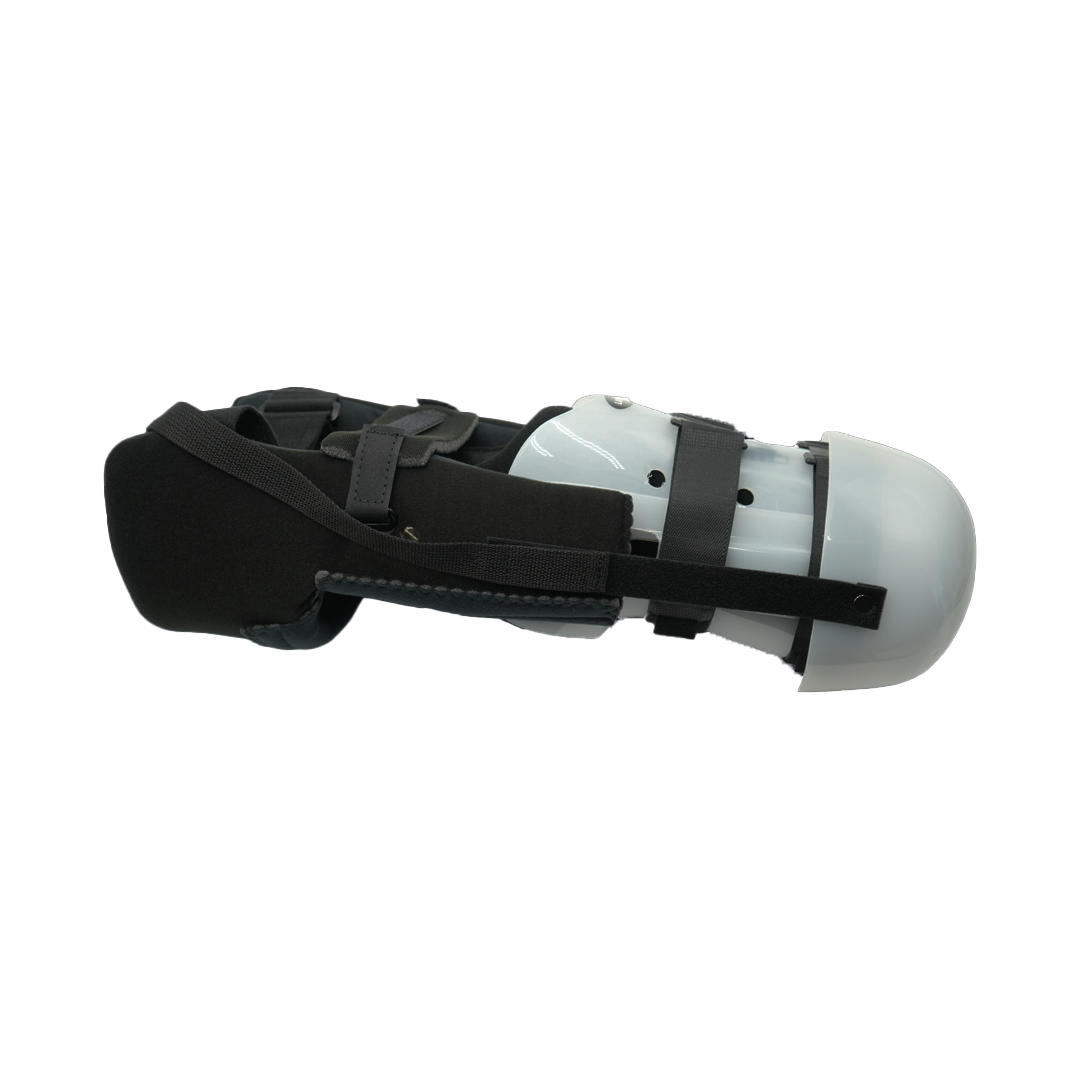 White and black rigid knee brace with adjustable straps and cushioned padding.