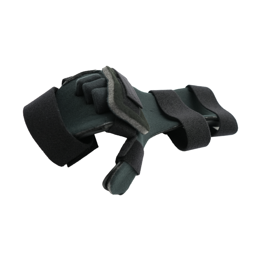Black and gray neutral thumb resting hand orthosis with finger separators and adjustable straps.