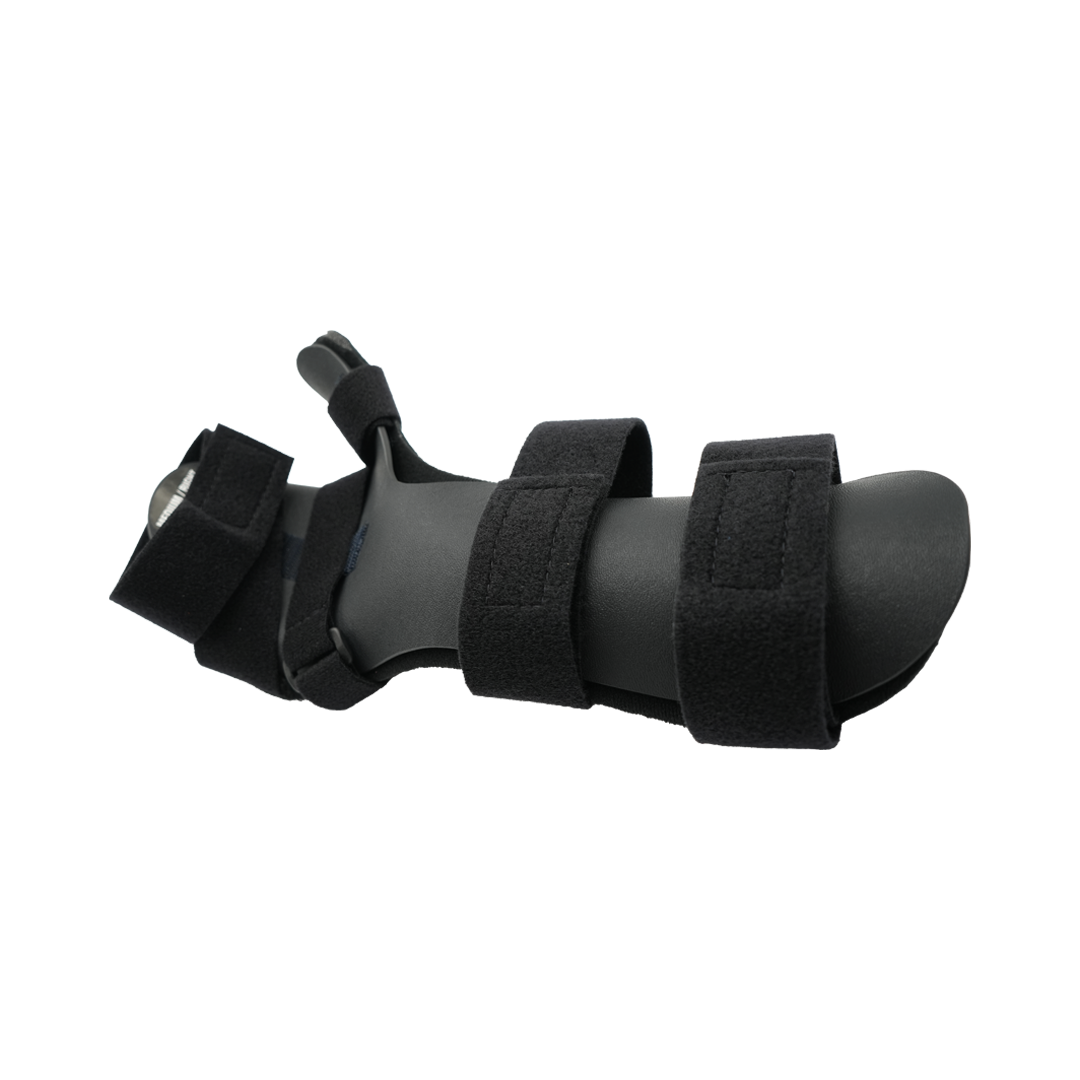 Black neutral thumb resting hand orthosis with finger separators and adjustable Velcro straps.