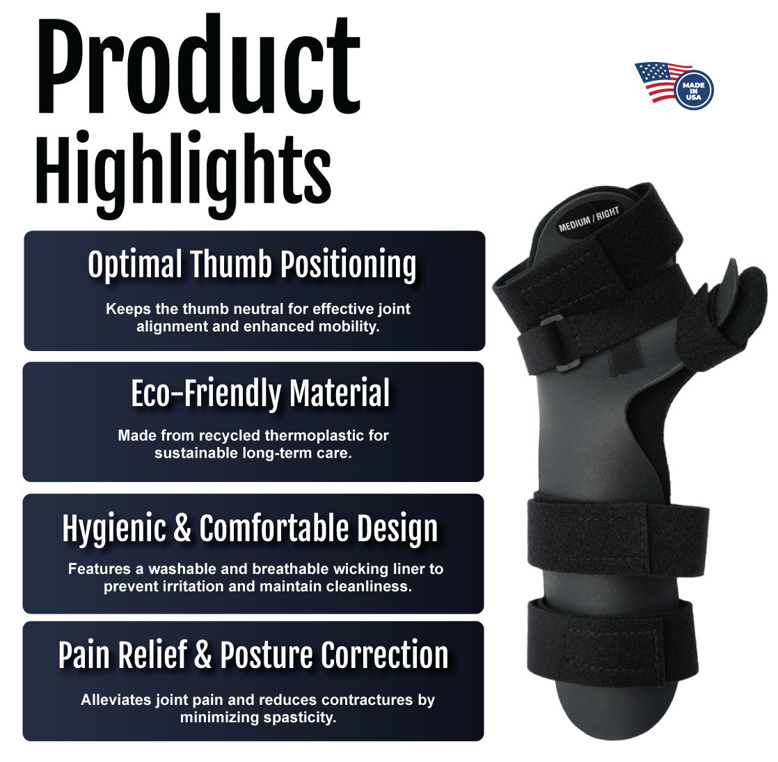 Black adjustable neutral thumb resting hand orthosis with finger separators and padded straps on white background.