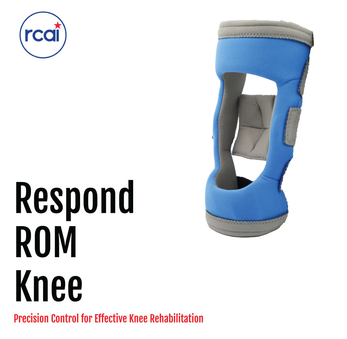 Blue and gray Respond ROM Knee brace with adjustable straps and cut-out design for joint support.