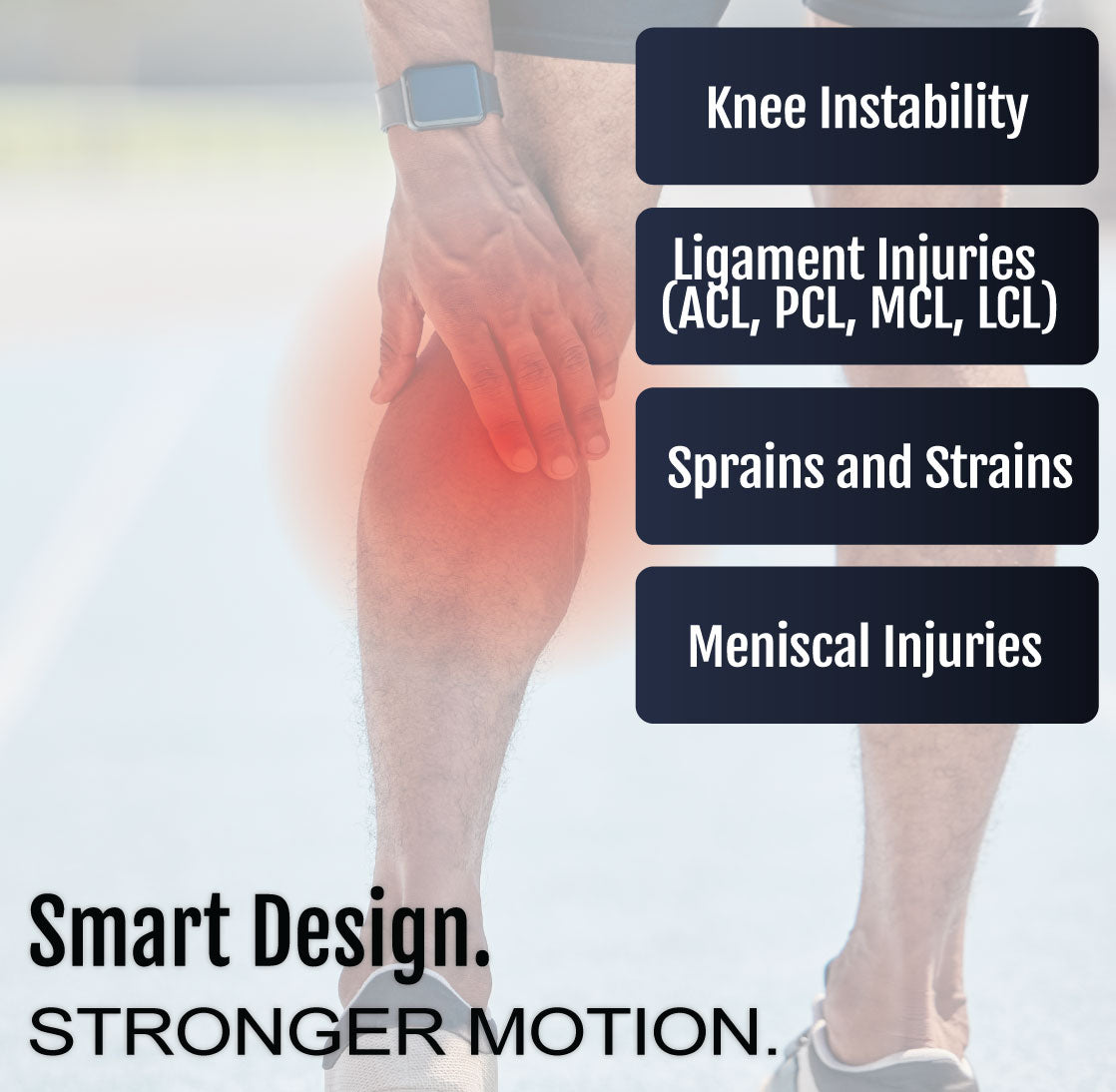 Close-up of a leg highlighting knee area with pain indicators and text listing knee instability and ligament injuries.