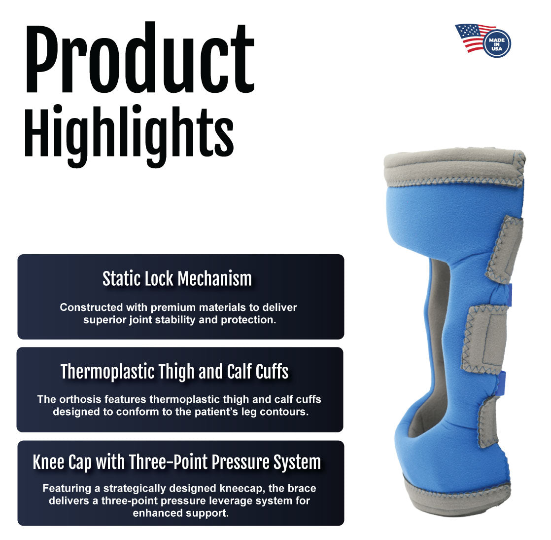 Blue Respond ROM Knee brace with three adjustable gray straps and padded knee cap.