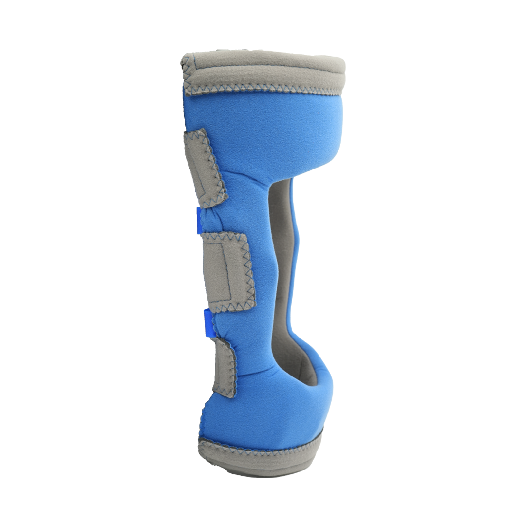 Blue Respond ROM knee brace with adjustable gray Velcro straps and gray trim.