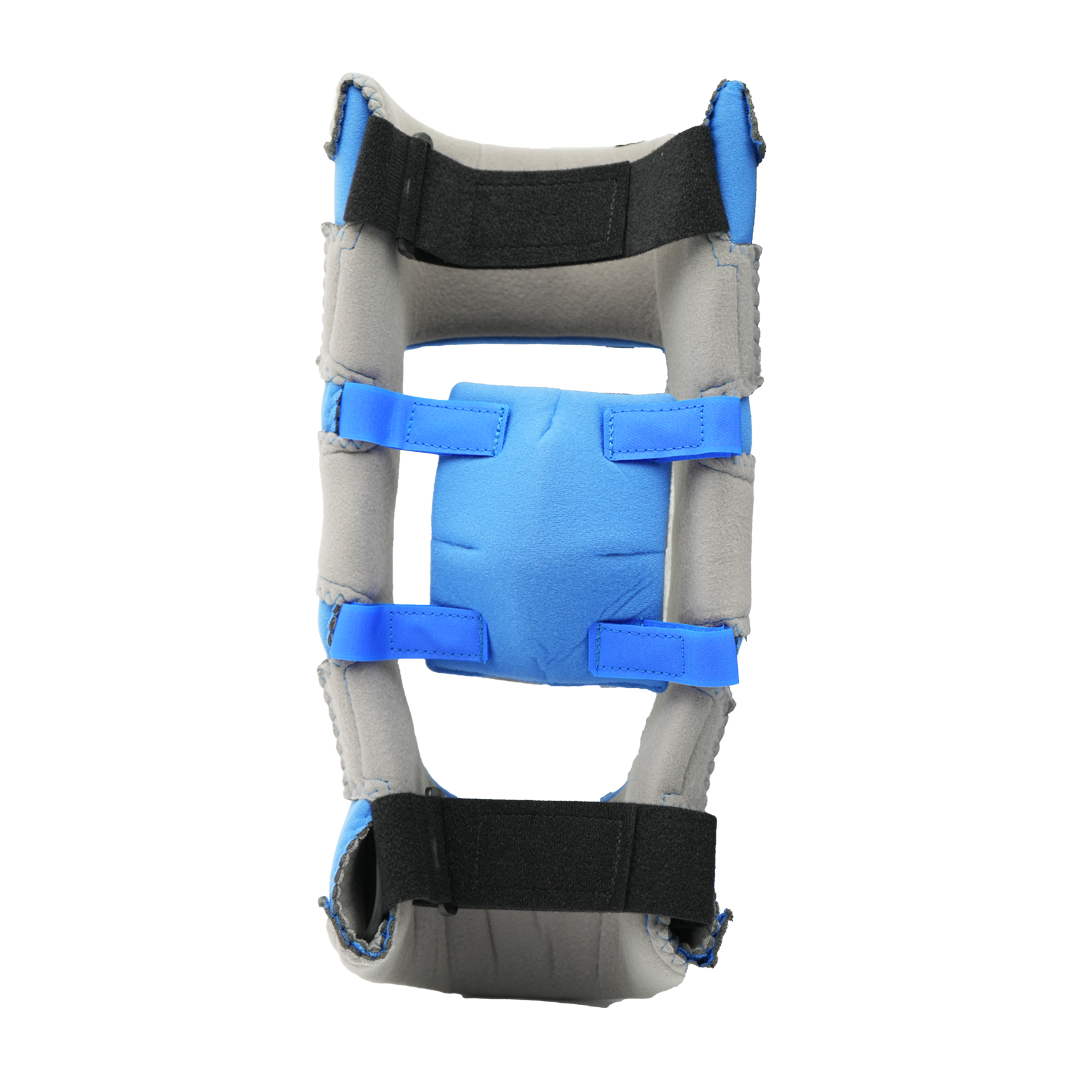 Blue and gray Respond ROM knee brace with adjustable black and blue straps.