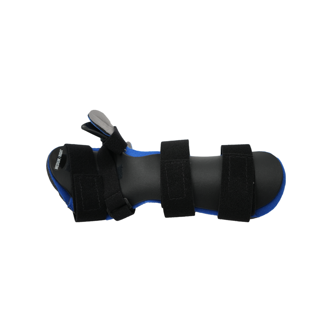Black and blue resting hand orthosis with adjustable finger separators and three Velcro straps.