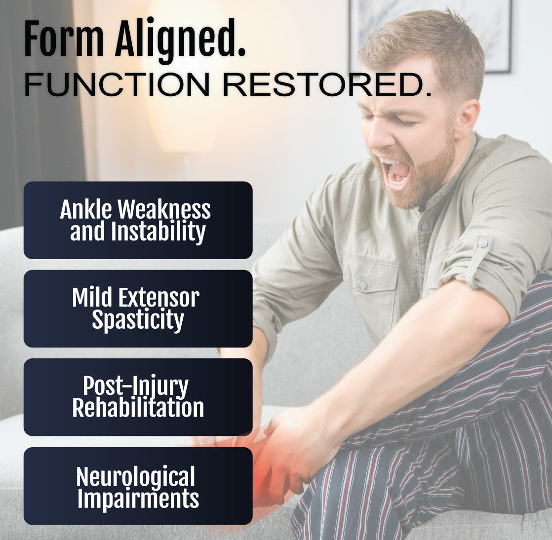 Black semi-rigid RCAI ankle foot orthosis with adjustable straps designed for support and stability.