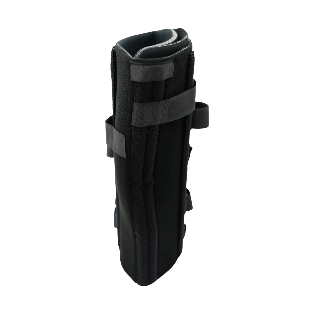 Black bariatric knee immobilizer with adjustable Velcro straps and rigid side supports.