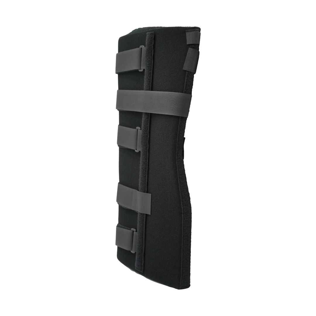 Black bariatric knee immobilizer with four adjustable velcro straps and thick padded support.