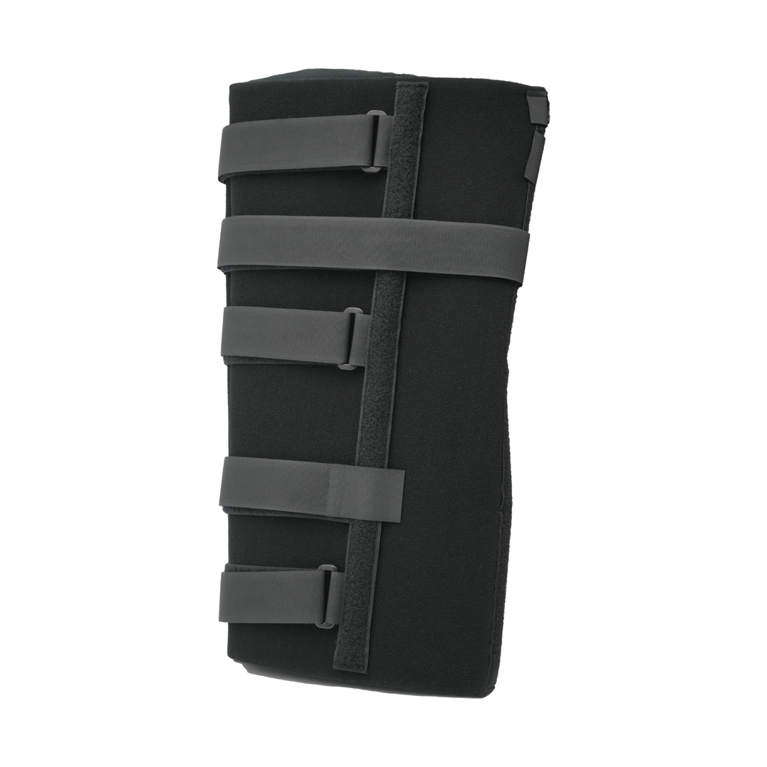 Black bariatric knee immobilizer with four adjustable gray straps and buckles, padded for support and stability.