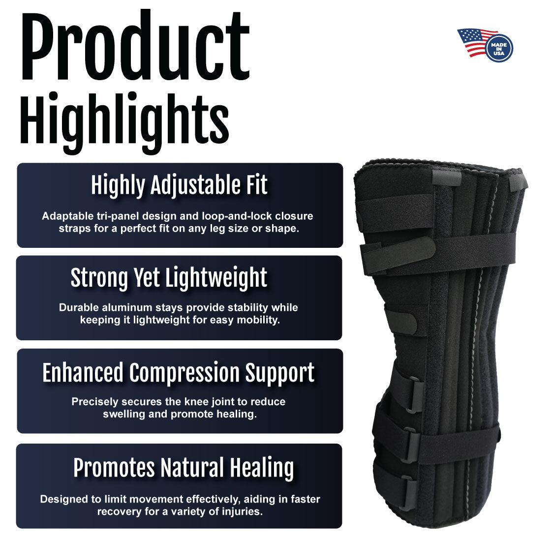 Black RCAI knee immobilizer with adjustable strap system and padded breathable panel.