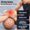 Man wearing black RCAI single panel knee immobilizer on bent leg resting on basketball, made in the USA, with text.