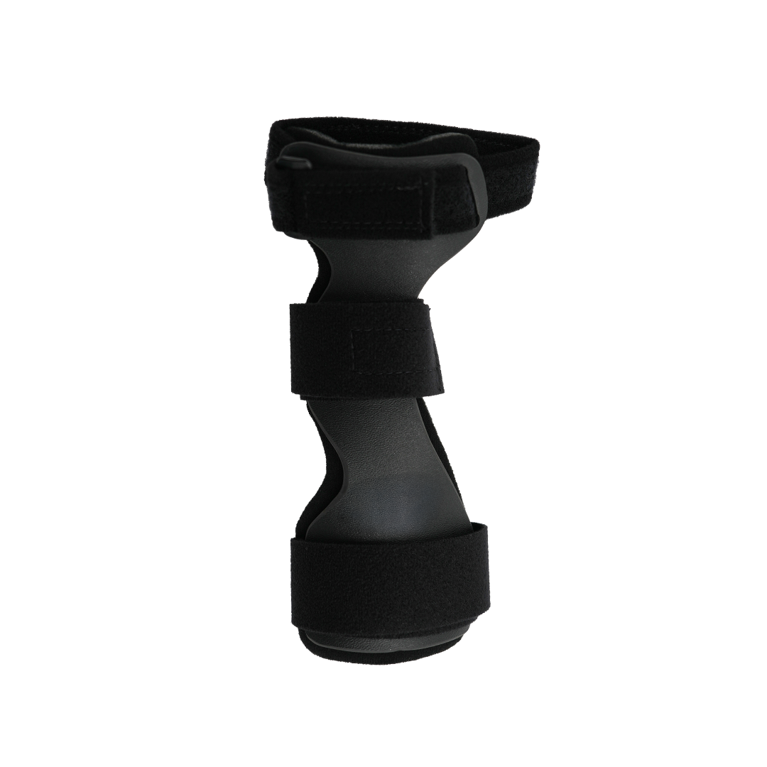 Black rigid wrist drop orthosis with three adjustable Velcro straps and a padded universal cuff.