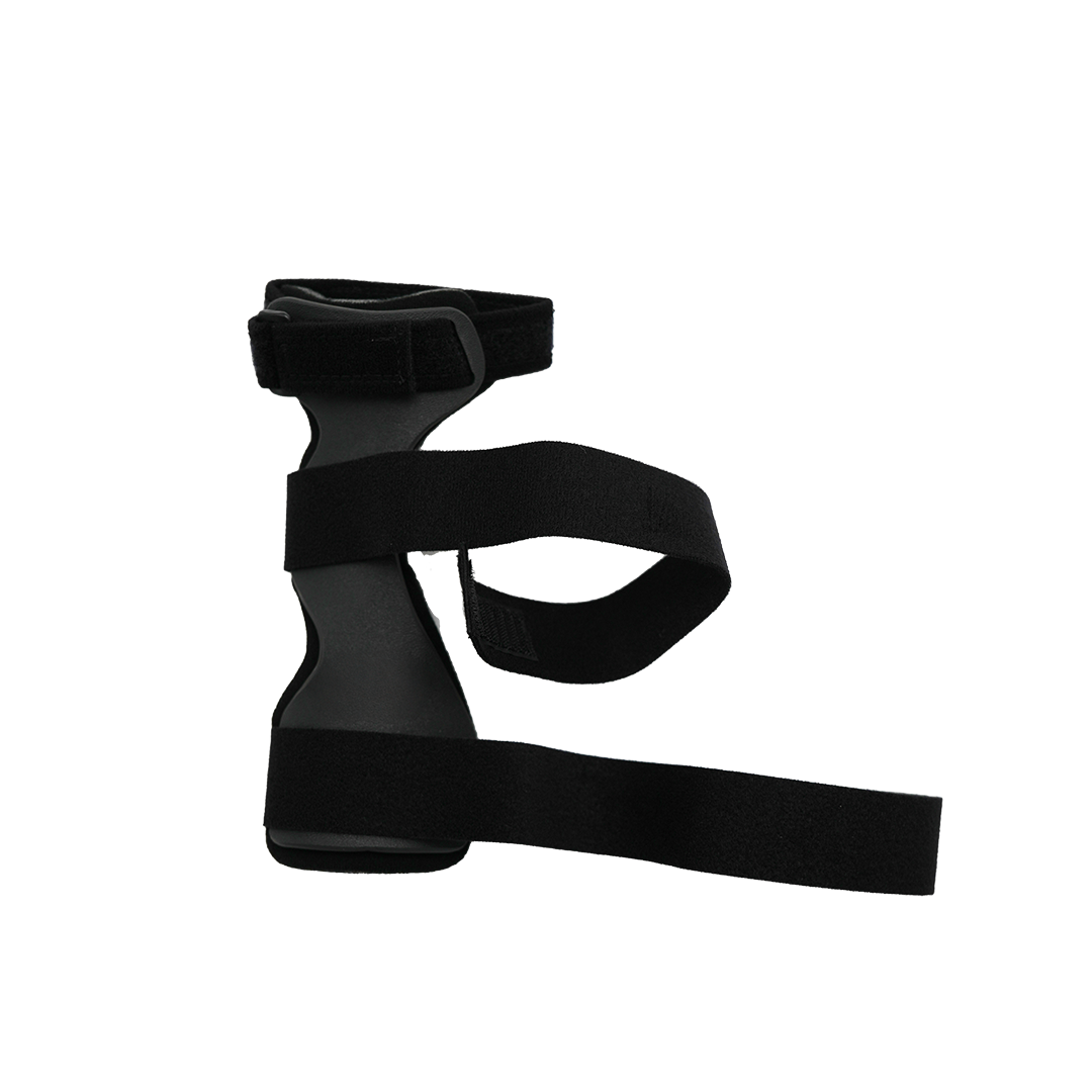 Black wrist drop orthosis with rigid support and adjustable hook-and-loop straps for forearm and wrist stabilization.