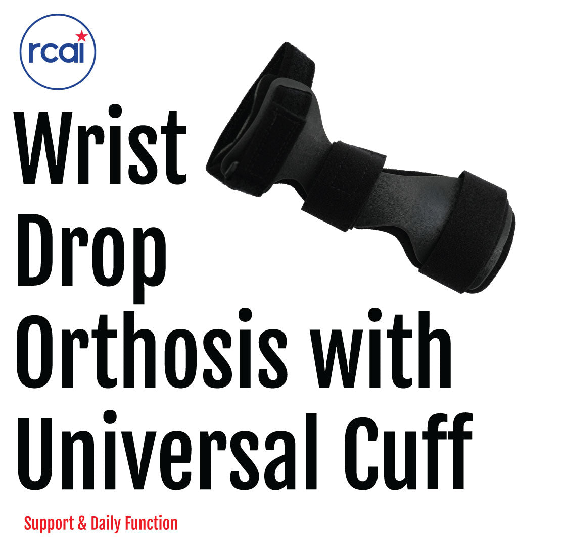 Black wrist drop orthosis with adjustable universal cuff and strap for support and daily function.