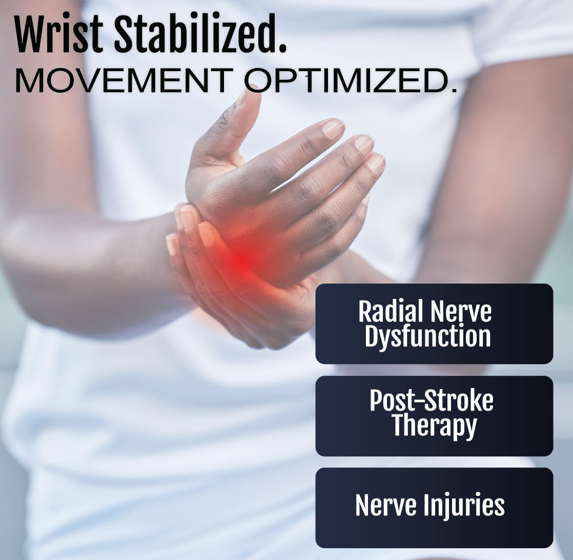 Person wearing a black wrist drop orthosis with universal cuff on right wrist, highlighting wrist support and movement.