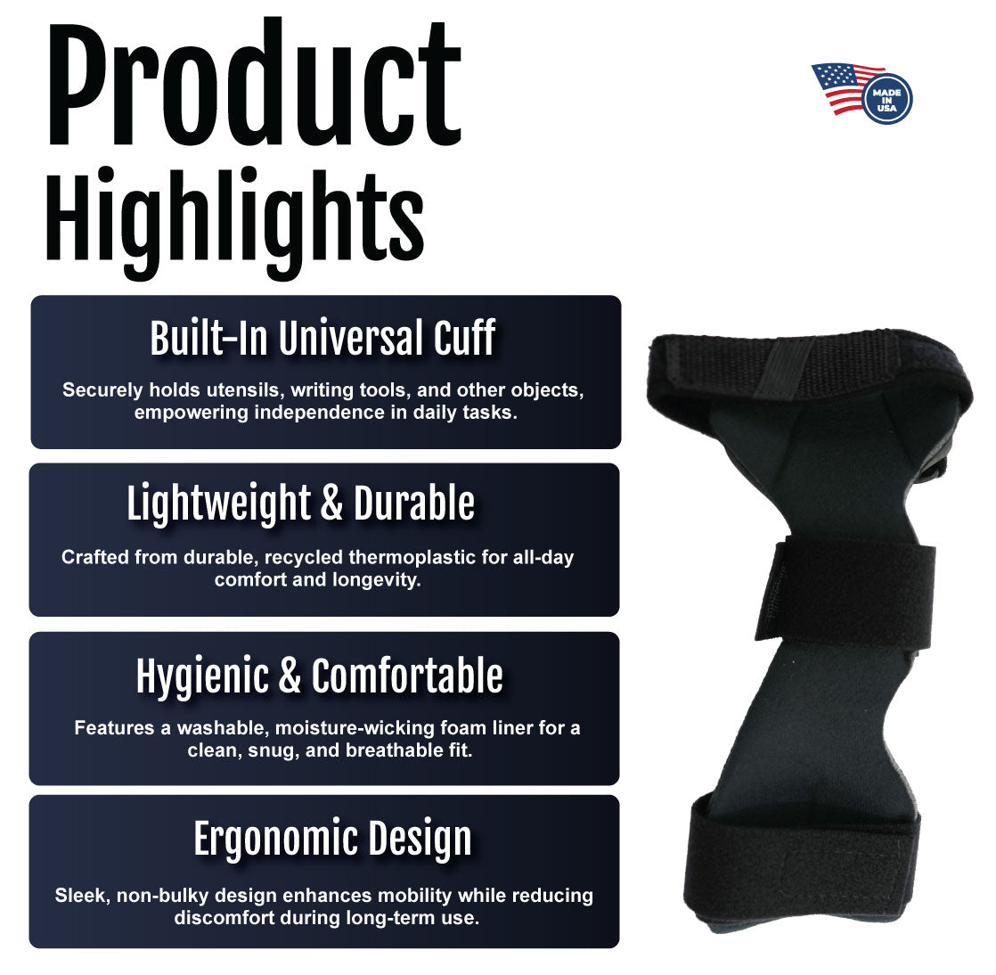 Black RCAI wrist drop orthosis with built-in universal cuff and ergonomic design details.