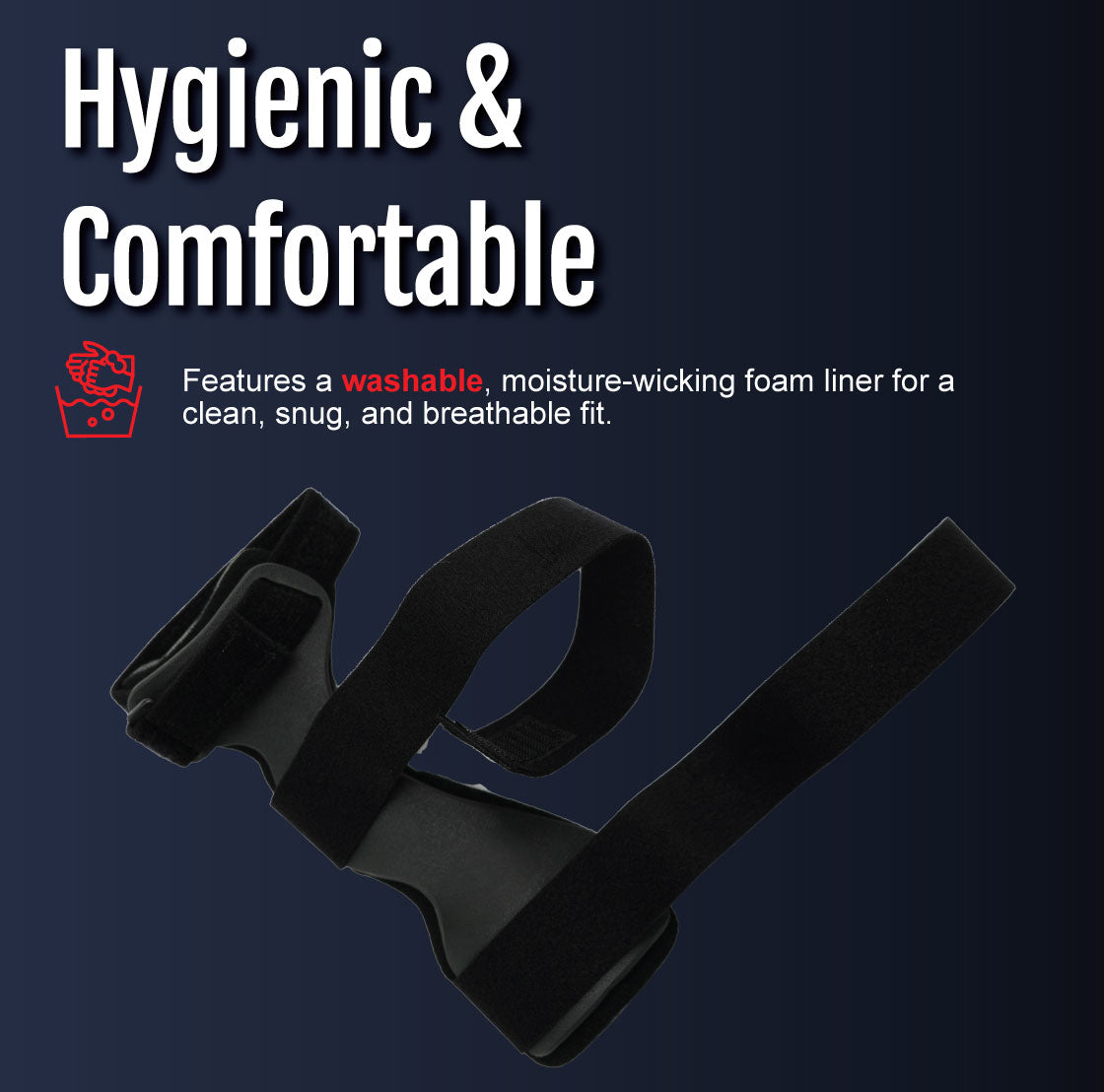 Black RCAI Wrist Drop Orthosis with adjustable universal cuff and soft moisture-wicking foam liner.