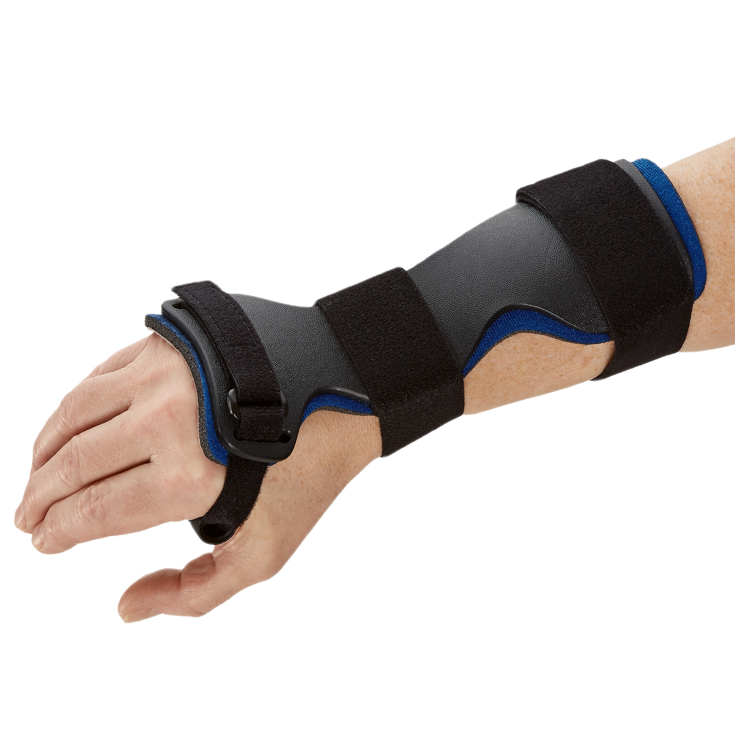 Black and blue medical-grade dorsal carpal tunnel splint with adjustable Velcro straps on wrist and hand.