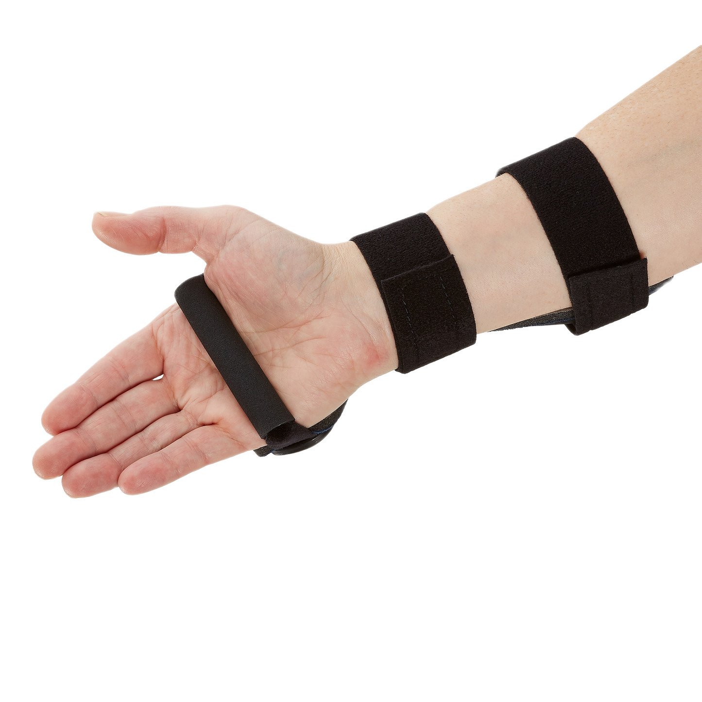 Black RCAI dorsal carpal tunnel splint with adjustable straps on wrist and palm.