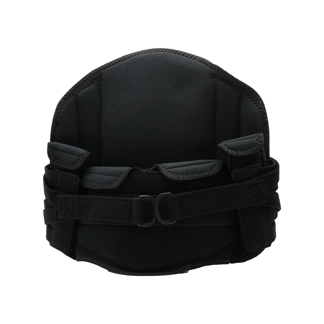 Black lumbar support brace with adjustable straps and padded sections, designed for lower back stabilization.