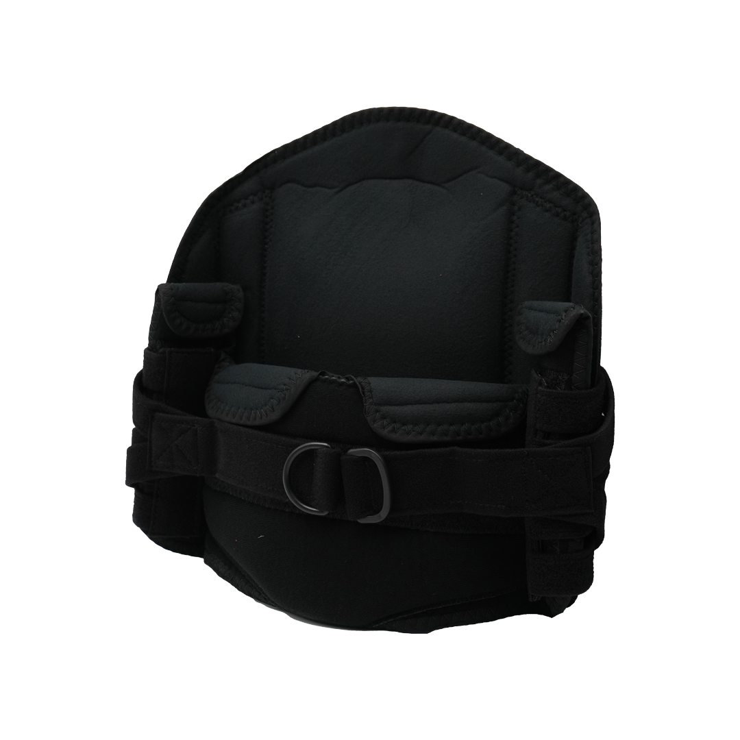 Black lumbar support brace with adjustable side straps and padded front panel.