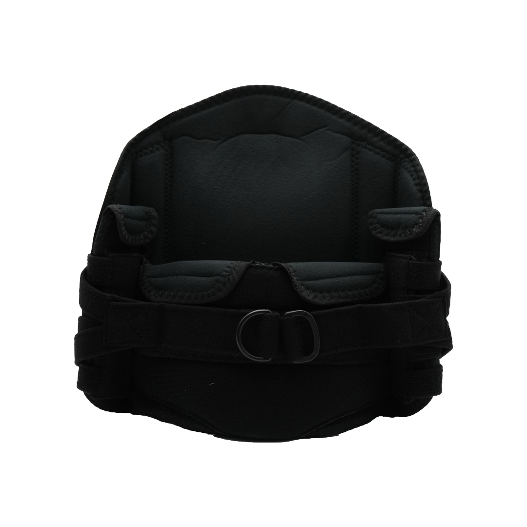 Black short front lumbar support orthotic with adjustable straps and cushioned panels.