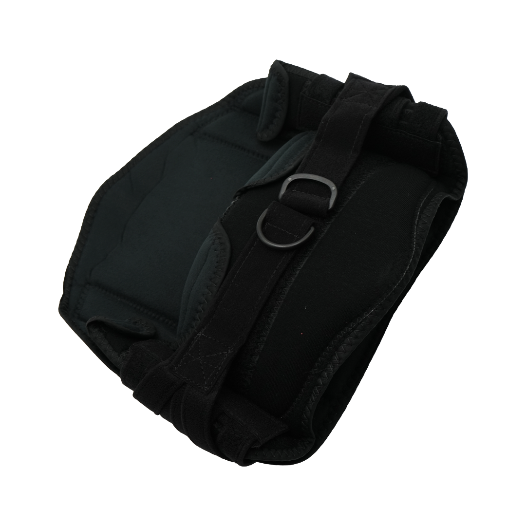 Black RCAI LSO Short Front lumbar support brace with adjustable straps and metal D-ring buckle.