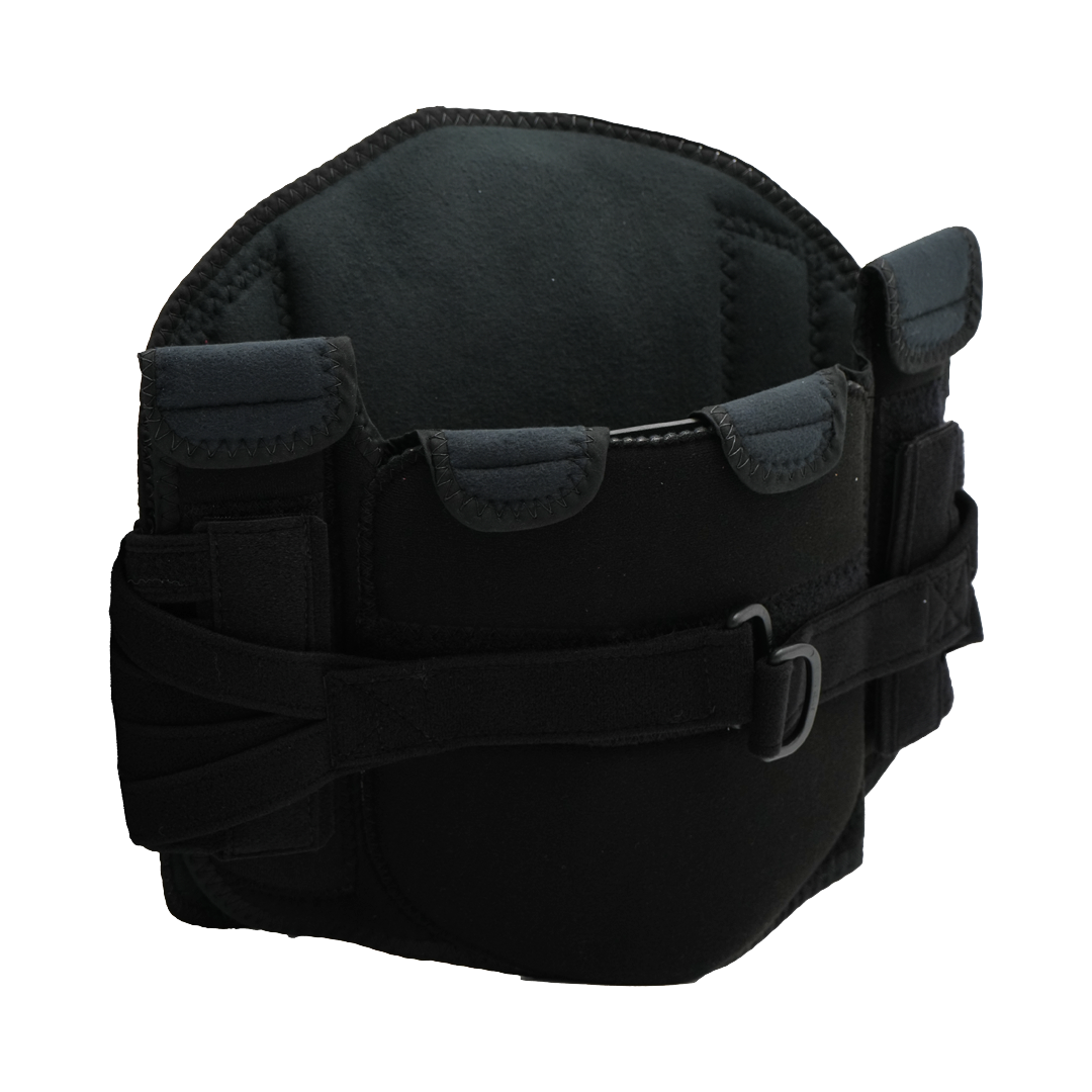 Black lumbar support belt with adjustable straps and padded back panel.