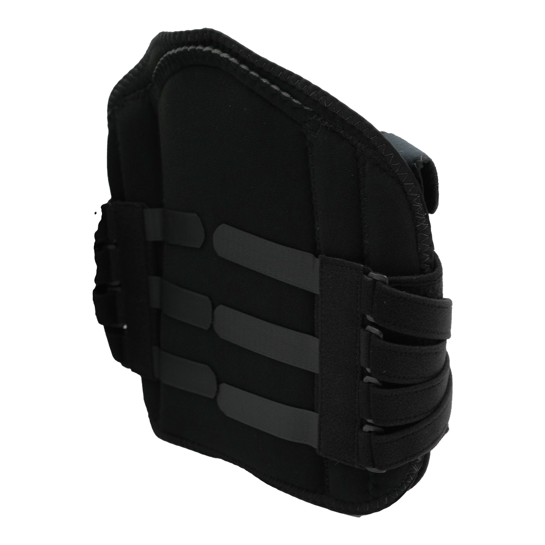 Black orthopedic lumbar support belt with adjustable side straps and padded design.