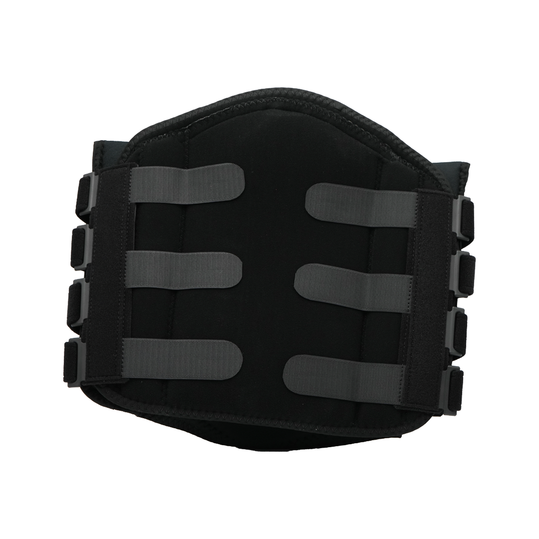 Black lumbar support brace with four adjustable gray straps and hook-and-loop fasteners.