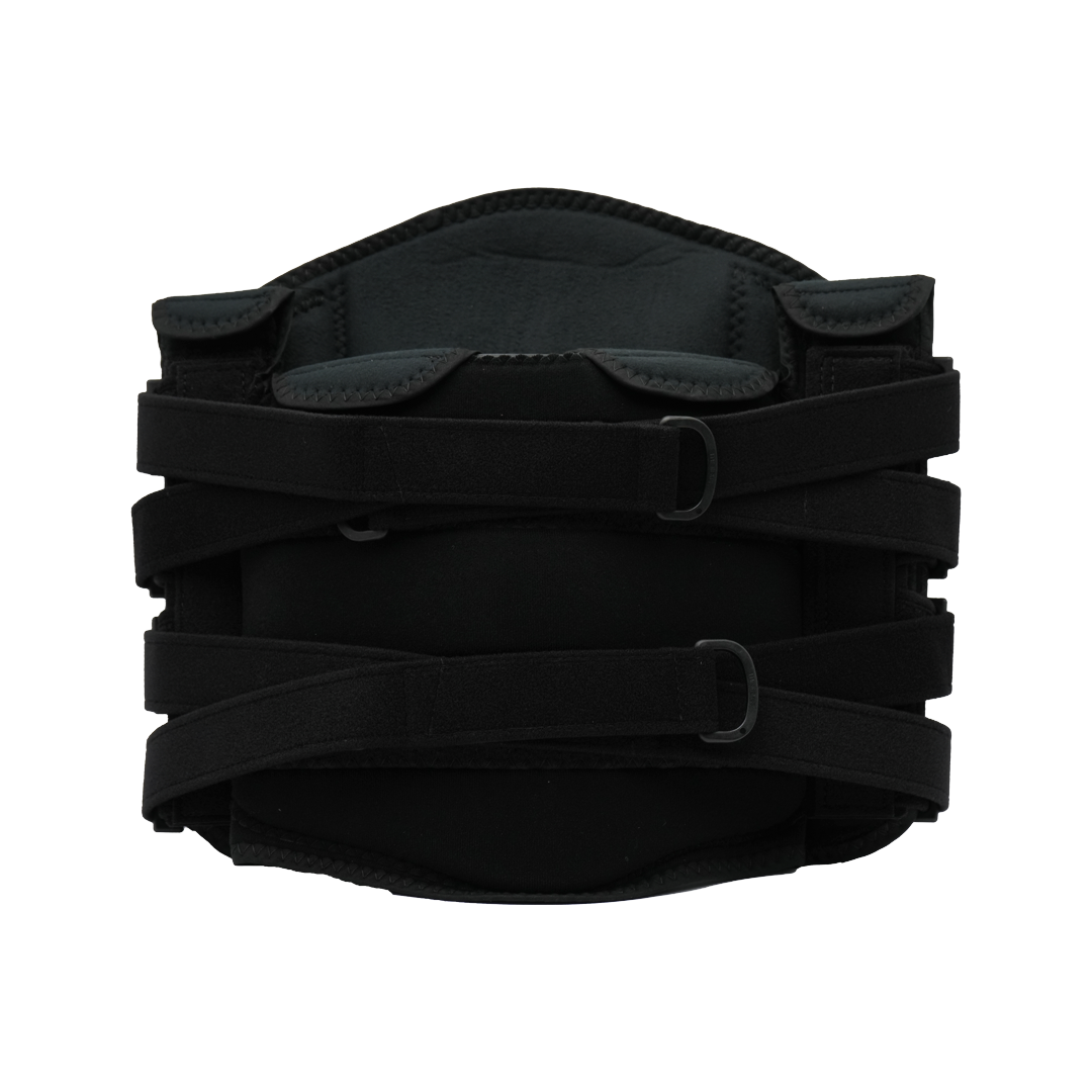 Black rigid lumbar support brace with multiple adjustable straps and padded sections.